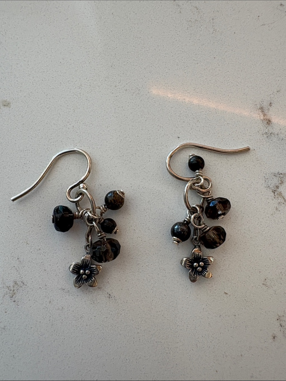 Silpada Smokey quartz Dangle Earrings with Silver Flower Charms